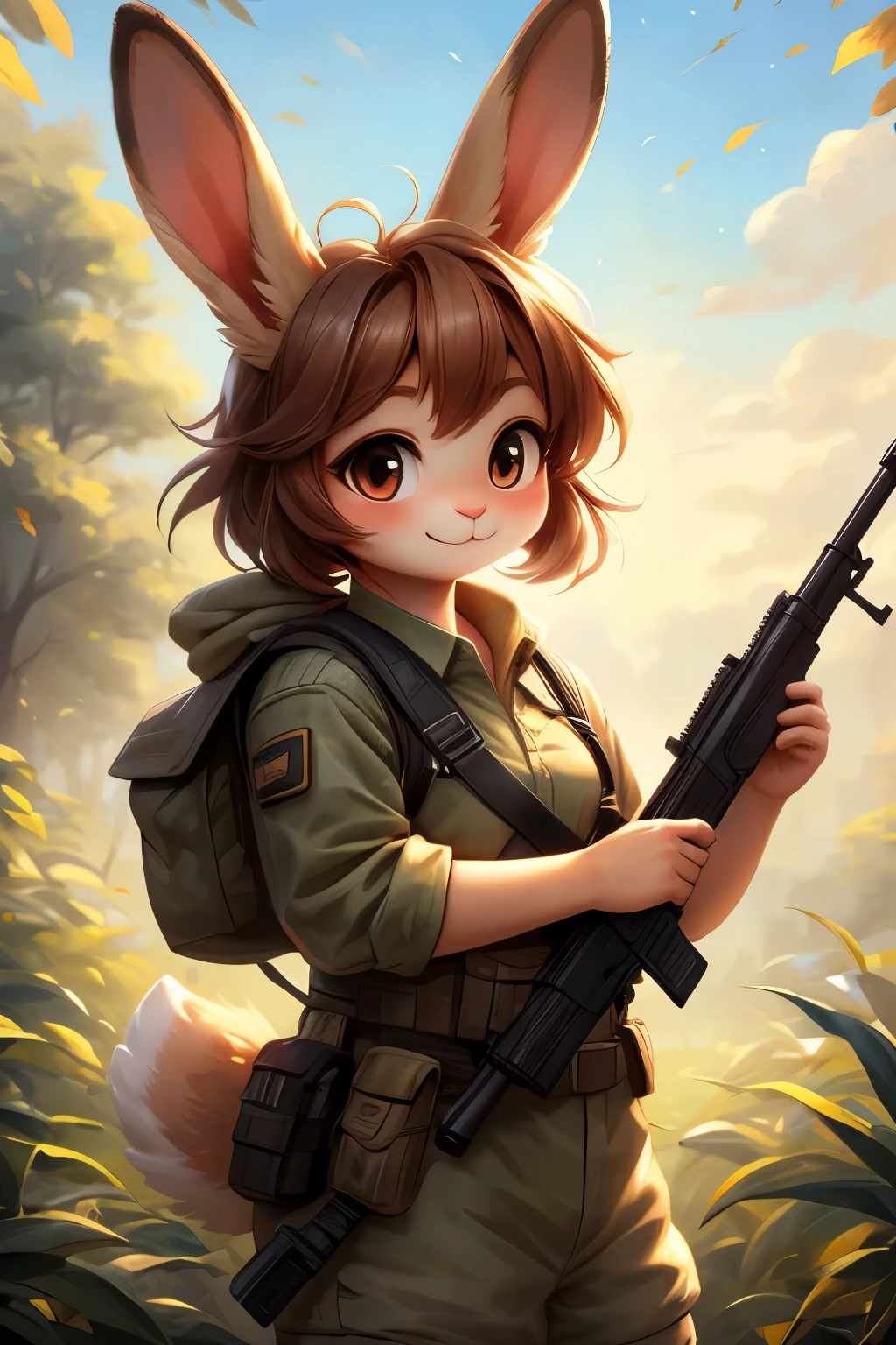 masterpiece, best quality, high resolution, detailed, Rabbit sniper, cute, carrying a scoped rifle on her shoulder, taking a break,