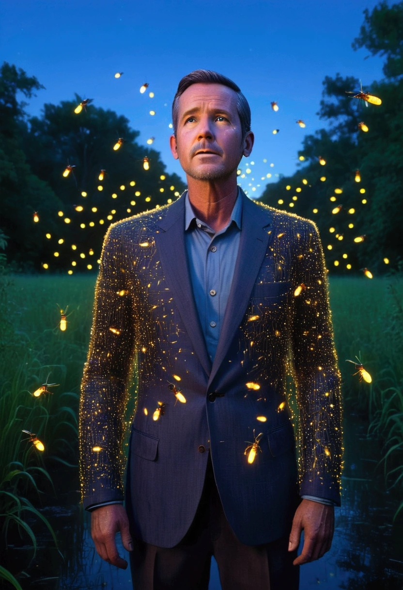 A man made of fireflies, Fireflies surround.