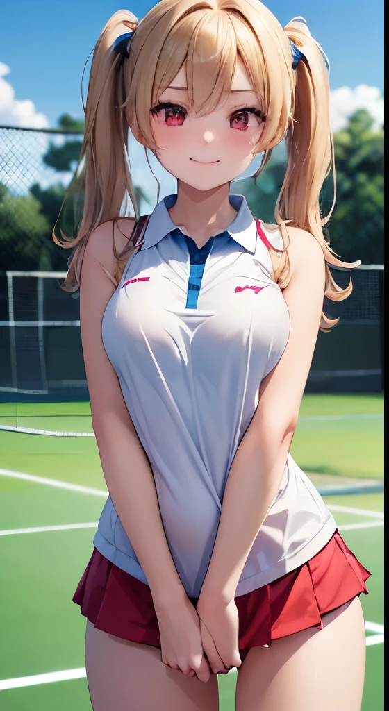 最high quality、Best image quality、masterpiece、With a girl((16 years old, Play sports frequently、Best Bust、Bust 90、Blonde twin tails、Red eyes、Open your chest wide, thin, smile, liar、Troubled expression、 cute、Winning spirit、Tennis uniform、peace sign、Are standing))、high quality、Beautiful art、With background((Sports club))、Tabletop、Exquisite design、Visual Arts、