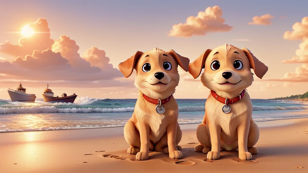 Imagine a peaceful and picturesque setting: A medium-sized dog, with golden fur shining under the soft tones of the sunset, runs freely along the beachfront. Their paws leave footprints in the damp sand, while small waves reflect the last rays of the sun dancing gently. Ao fundo, the sky mixes shades of orange and pink, painting scattered clouds with golden nuances. The sea breeze gently lifts the dog's hair and adds a sense of movement to the serene scene.. This moment captures the harmony between the animal's freedom and the natural beauty of the sunset on the coast.