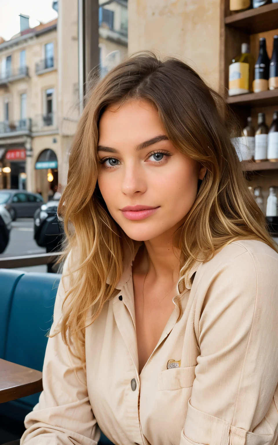 Belle brune aux reflets blonds portant un pull beige (in a cafe drinking soda), Very detailed, 22 ans, visage innocent, natural wavy hair, yeux bleus, High resolution, chef-d'artwork, best quality, intricate details, Very detailed, mise au point nette, detailed skin, texture de peau réaliste, texture, Detailed eyes, professionnel, 4k, sourire charmant, filmed on Canon, 85 millimeters, faible profondeur de champ, Couleur Kodak Vision, corps parfaitement ajusté, extremely detailed, photographier_\(ultra\), photorealistic, Realistic, Post-traitement, maximum details, roughness, vrai vie, ultra realistic, photorealism, photographie, 8k euh, photographie