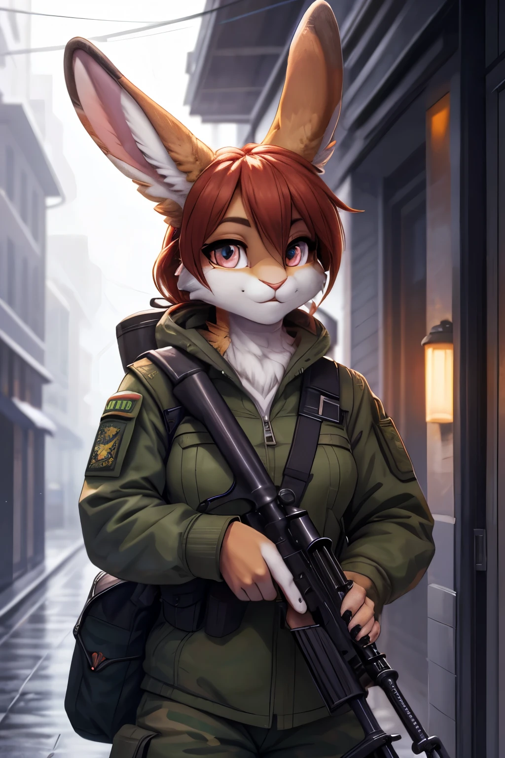 masterpiece, best quality, high resolution, detailed, Rabbit sniper, cute, carrying a scoped rifle on her shoulder, taking a break,