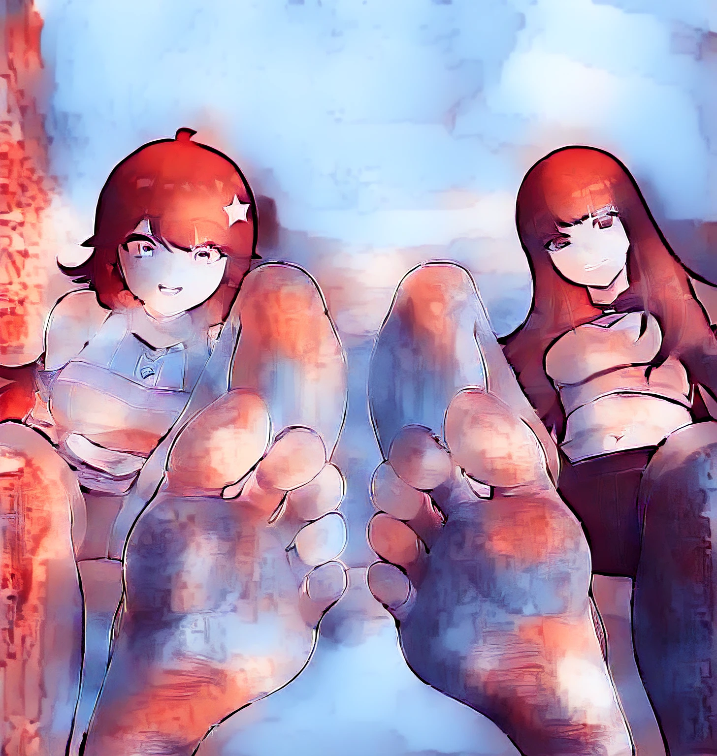 wallpaper,hoodie,The background is in the room, Long hair,best quality, Very detailed, masterpiece, Extremely detailed, illustration, Sky,Foot Focus, giggle, barefoot,Steam around feet,脚底Sweating,Water dripping from the soles of feet,Sweating,Pink Eyes,Sweatshirt,Brown hair,There is a cute five-pointed star hairpin in the hair,Good feet,Nice looking feet,delicate foot,There is a pair of sneakers on the ground on the right side of the screen,Steam around shoes