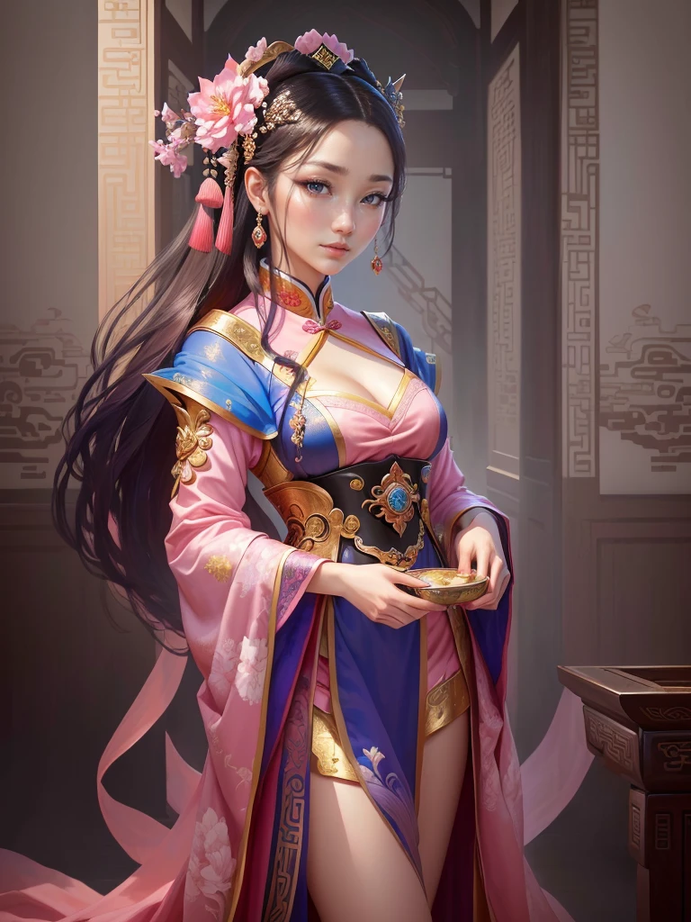 Painting of a woman in a pink and blue dress, Beautiful Fantasy Empress, ancient Chinese Princess, Beautiful character drawings, Chinese Princess, palace , Girl in Han Dress, Princess of an ancient Asian dynasty, Ancient Chinese Beauties, Inspired by Run In, Beautiful and attractive anime woman, ((Beautiful Fantasy Empress)), Beautiful renderings of the Tang Dynasty, Beautiful oriental woman, Empress of China, Highly detailed CG unit 8k wallpaper, masterpiece, High resolution, highest quality, highest quality real texture skin, Super Real, Digital Painting, Best image quality, 最High resolution, 8k, ((Highly detailed eyes and face, Beautiful eyes every detail)),