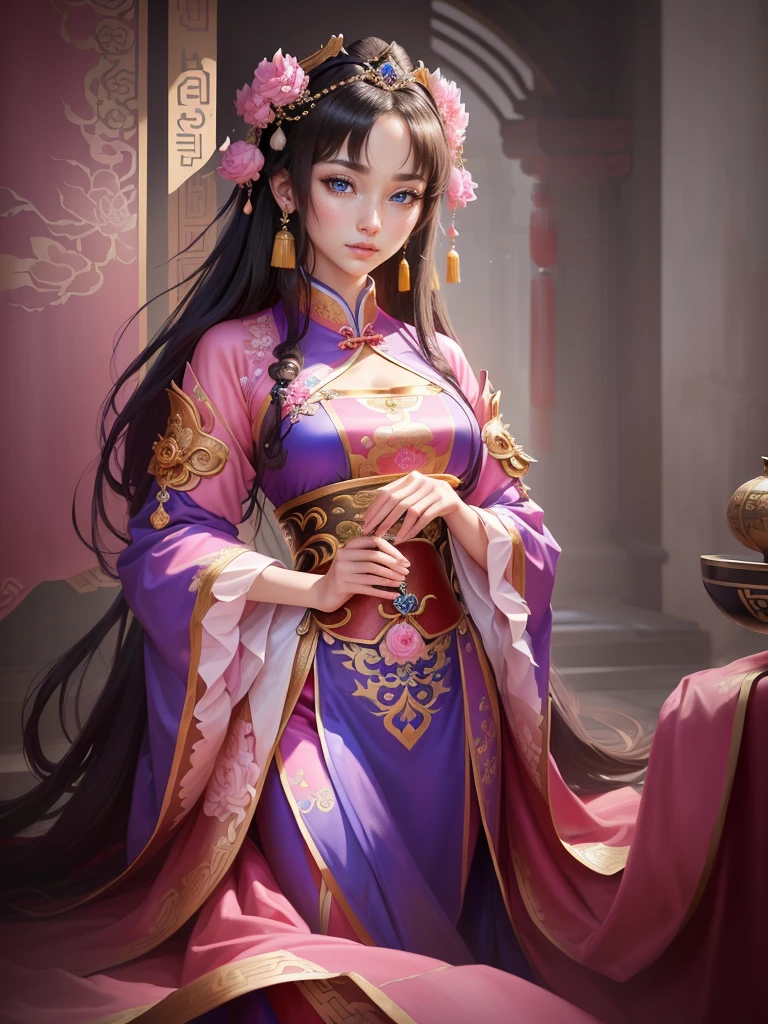 Painting of a woman in a pink and blue dress, Beautiful Fantasy Empress, ancient Chinese Princess, Beautiful character drawings, Chinese Princess, palace ， Girl in Han Dress, Princess of an ancient Asian dynasty, Ancient Chinese Beauties, Inspired by Run In, Beautiful and attractive anime woman, ((Beautiful Fantasy Empress)), Beautiful renderings of the Tang Dynasty, Beautiful oriental woman, Empress of China, Highly detailed CG unit 8k wallpaper, masterpiece, High resolution, highest quality, highest quality real texture skin, Super Real, Digital Painting, Best image quality, 最High resolution, 8k, ((Highly detailed eyes and face, Beautiful eyes every detail)),