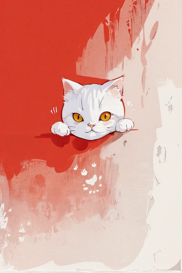 there is a White cat peeking out of a hole in a red wall, Lovely Cat Photos, Lovely cat, Cat Photos, Photo of a cat, Red background, a Lovely cat, White cat, Scottish Fold Cat, Funny cat, Has a white muzzle, Lovely:2, Kawaii cat, Cat Photosgraphy, Red background, Half a cat, Angry cat