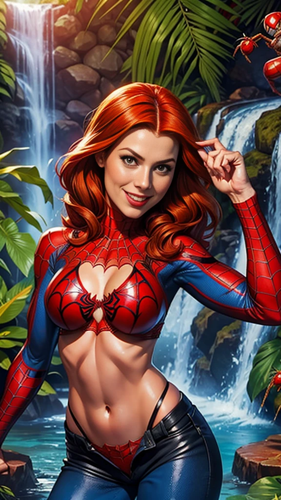 Mary Jane Watson,(SpiderMan) orange hair, Close up of breasts, pokies,red spider web print bikini top,red leather mini shorts, tropical waterfall location, smile,seductive pose 