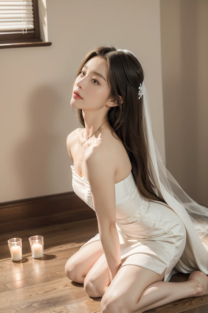 (((best quality))),(((ultra detailed))),(((masterpiece))),illustration,(1 beautiful girl,bride,solo),((slim,thin)),((small breasts,flat chest)),(shoulder length straight hair:1.2),(strapless white sheer wedding dress:1.3),dim pink lighting,massage parlor,patiently waiting,tool box,soft ambient lighting,refreshing contrast,sultry summer night,air conditioning,atmosphere of relaxation,serenity,delicate features,curves,elegance,sophistication,toolbox contents,assortment of implements,oils,lotions,massage tools,background music,soothing ambiance,comfortable massage bed,fresh clean sheets,calming artwork,warm friendly demeanor,sense of calm,compassion,eager anticipation,healing rejuvenating experience,((kneeling on the floor)),((from front,upper body))