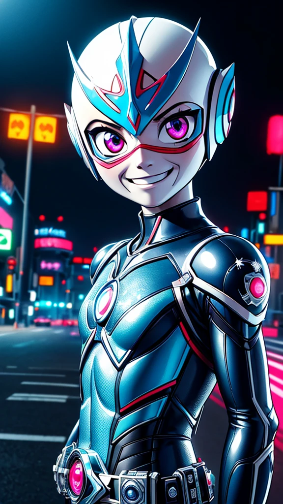 (8k),(masterpiece),(Japanese),(),((innocent look)),((Childish)),From the front,smile,cute,Innocent,Kind eyes,Flat chest,white helmet,blue domino mask,Elsa, bald,no Hair,Strong wind,night,dark, Neon light cyberpunk city,Kamen_Rider,camisa