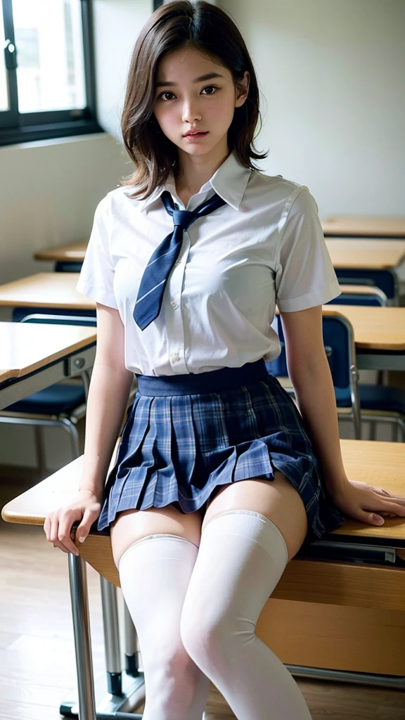 (Raw photo, Best Quality), (Realistic, Photorealsitic:1.3), masterpiece, Extremely delicate and beautiful, ((Soft light)), ((dark-haired, , bob, short hair, semi long, hair sidelocks)), Beautiful detailed girl, (Detailed fingers), extremely detailed eye and face, beautiful detailed nose, Beautiful detailed eyes, 1 girl, (armpits, Under the glossy armpits), (Japanese Junior High School Student Woman, 18 years old), Neat and clean beauty, Cute, young, ((tiny, skinny, Small hips, beauty leg, skinny legs skinny knee), ((white thighs)), (full body shot:1.2, cowboy shot), (looking at viewer), ((School Uniform, Navy and blue and white plaid pleated skirt)), ((Sailor Uniform, red tie, blue skirt)), (Short sleeve uniform white shirt), (((thighs, thighhigh, pure white))), surreal high school girl, wearing white , ((from above: 0.8)), ((Sitting classroom)), (Bokeh:1.2),