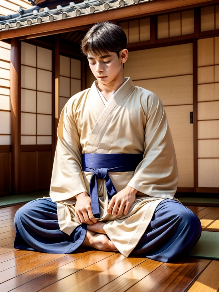 Highest Resolution,Highest quality,A beautiful young boy in hakama sitting in meditation with his eyes closed,Wooden floor,Japanese-style house,Veranda,whole body,front,Beautiful face,