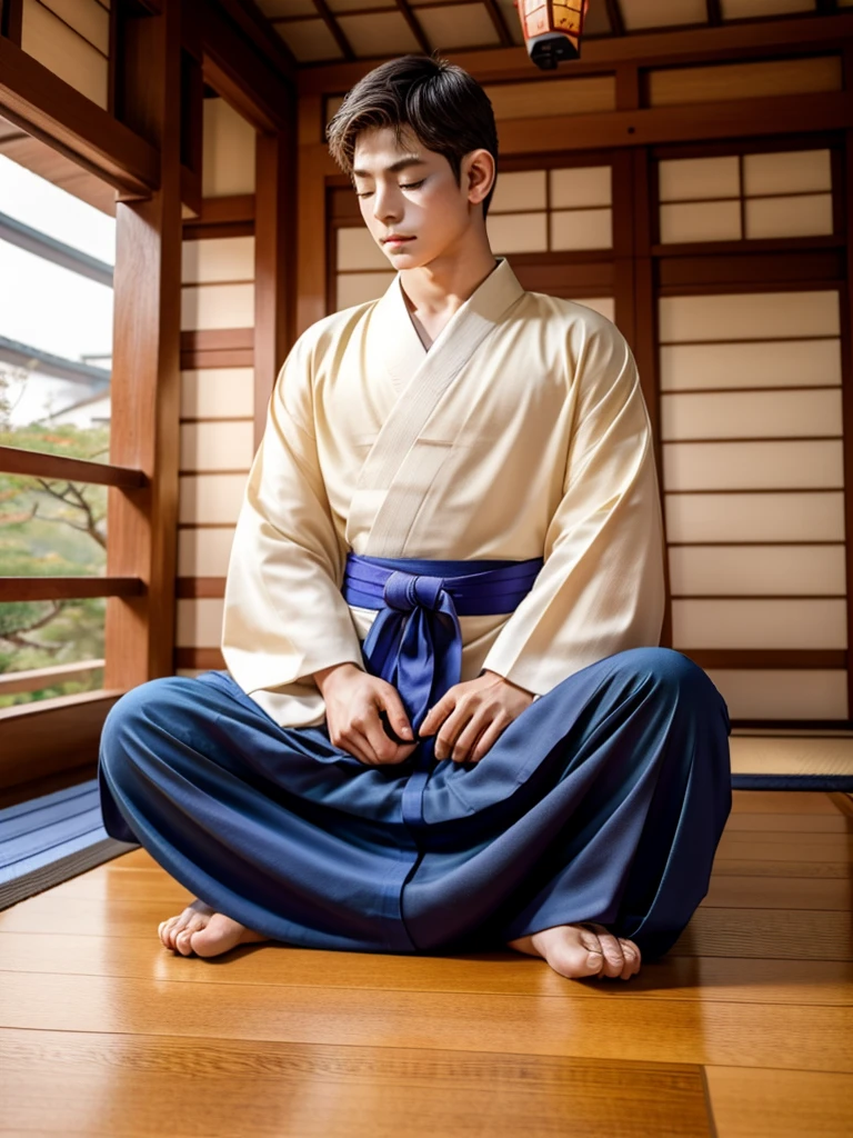 Highest Resolution,Highest quality,A beautiful young boy in hakama sitting in meditation with his eyes closed,Wooden floor,Japanese-style house,Veranda,whole body,front,Beautiful face,