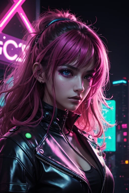 lucy \(cyberpunk\), 1girl, hair scrunchie, hime cut, silver hair, colored tips, full moon, gray eyes, jacket, long sleeves, looking at viewer, medium hair, colorful hair, parted bangs, parted lips, pink hair , portrait, red eyeliner, red lips, solo, white jacket, cyberpunk\(series\), cyberpunk city rainy night neon lights