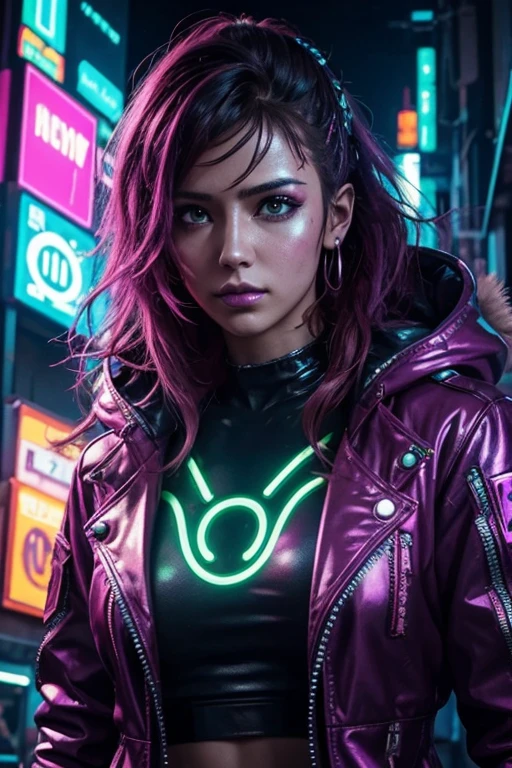Cyberpunk, woman, Woman, face has canine features, canine nose, brightly colored clothing, messy and puffy hair, shiny clothing, cyberpunk party with neon light display in background