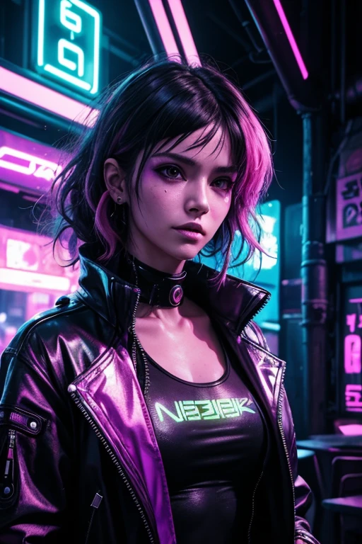 Cyberpunk, woman, Woman, face has canine features, canine nose, brightly colored clothing, messy and puffy hair, shiny clothing, cyberpunk party with neon light display in background