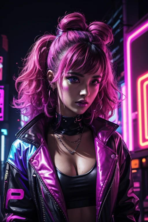 Cyberpunk, woman, Woman, face has canine features, canine nose, brightly colored clothing, messy and puffy hair, shiny clothing, cyberpunk party with neon light display in background