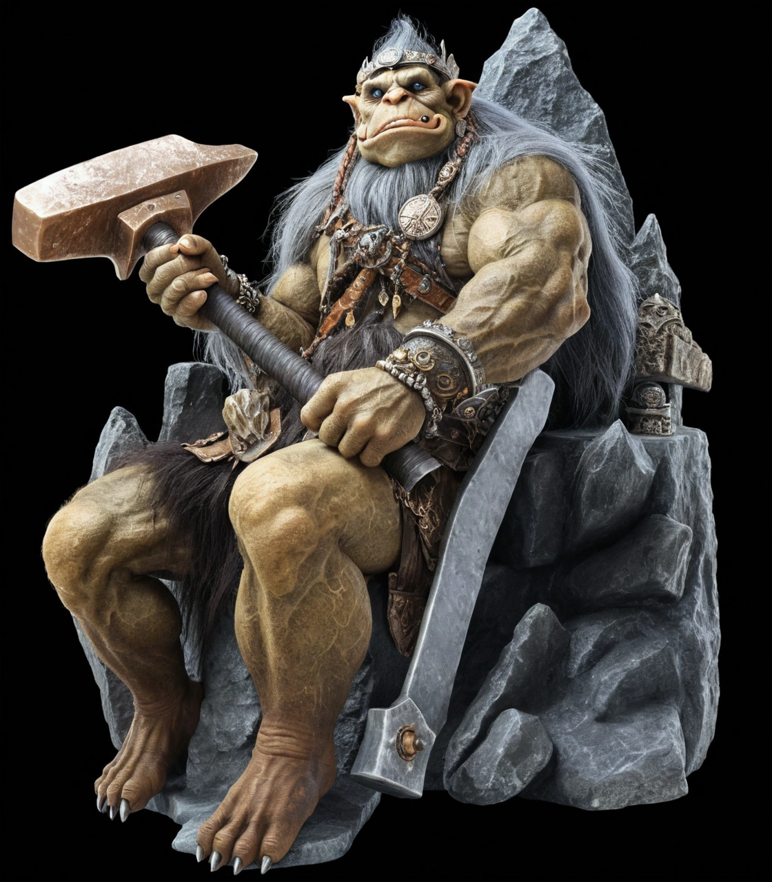 troll with a war hammer sitting on a stone throne: ultra realistic and detailed image