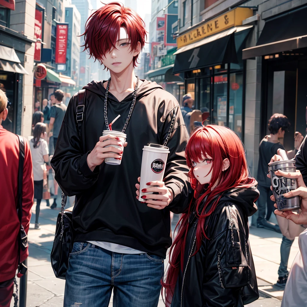 Black-ish red hair that covers one eye. Wears a black hoodie and chain jeans. Hes holding a drink in his left hand and is drinking it while in a city 