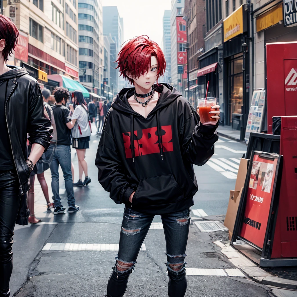 Black-ish red hair that covers one eye. Wears a black hoodie and chain jeans. Hes holding a drink in his left hand and is drinking it while in a city