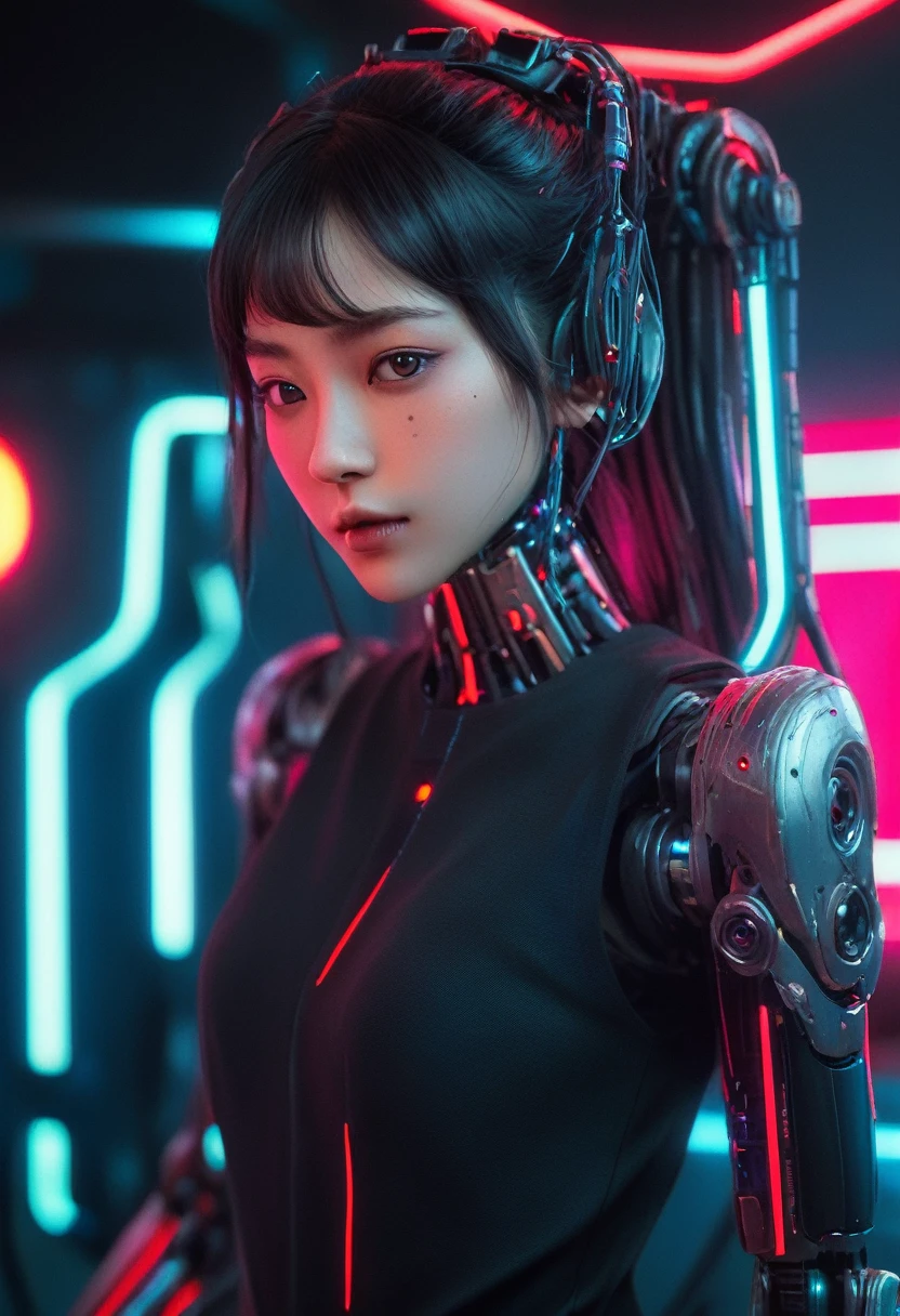 xxmixgirl. Highly detailed professional 35mm film, bokeh, face in sharp focus. A robotic female, Miku, with ((metal skin)), ((perfect Asian eyes)) with magenta irises and ((black pupils)), beautiful serious (detailed face), 18 year old ((photorealistic face)), very long magenta twin tails of magenta hair, twin black hair ties with a single red stripe. She may have a black audio headpiece. We can see her ((full body)) down to her boot soles. Her outfit is a sleeveless collared light grey shirt, outlined in red around the frilled collar and hems. Shiny reflective ((metallic breast cups, dimpleless)), invisible nipples. She wears black sleeves with red hems that start around her upper arm and bellow out as the sleeves open and extend to her wrists, with wide trumpet red rimmed cuffs. She has perfect robotic (detailed hands). She wears a red colored tie with two horizontal solid parallel black lines halfway across. She wears a fabric black skirt with a horizontal red hem at the bottom all the way around; her (((black skirt wraps around her))) and ((her skirt completely covers)) her robotic waist and thighs. Tall black boots with red bottom soles, a red rim around the top at her thighs. Her mechanical shoulder joints are visible. We can see her robotic legs and robotic neck. Half of her is covered with shiny polished machinery. The background is a distant dark neon futuristic Japanese city, gold, cyan, violet neon, near harbor or mountains.