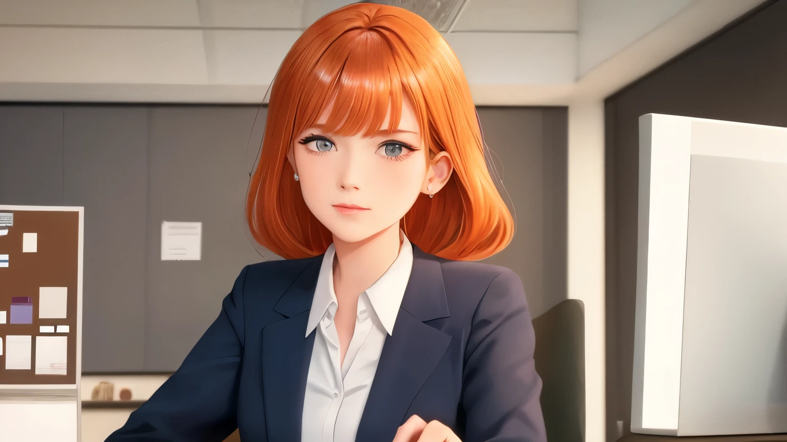 /draw orange hair woman green eyes sitting at desk talking on telephone with computer monitor, 1 9 8 0 s vaporwave business fashion, business woman, 1 9 8 0 s woman, woman in business suit, young business woman, denis velleneuve, female in office dress, sat at her desk, female lawyer, wearing a strict business suit, serious business, working hard, portrait of kim wexler