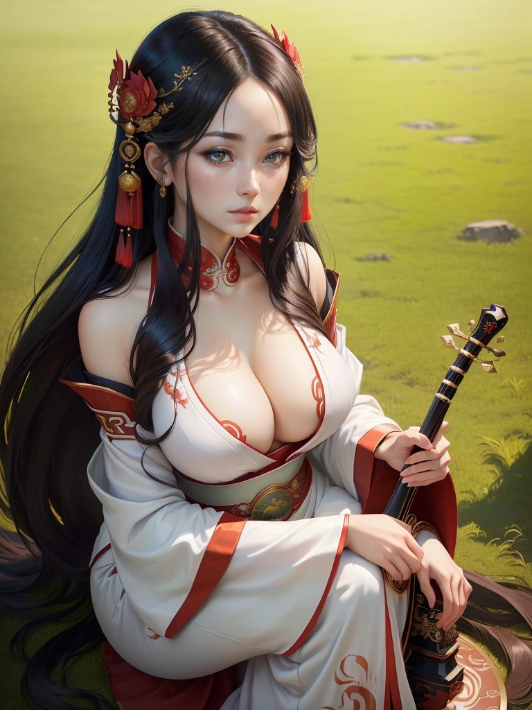 A woman in a white dress holding red and green syamisen, Beautiful character drawings, Japanese Goddess, Beautiful and attractive anime woman, Gweiz-style artwork, Beautiful Anime Woman, Beautiful Fantasy Empress, Inspired by Wu Zuoren, Inspired by Sukenori Nishikawa, Inspired by Du Qiong, Ancient Chinese Beauties, Highly detailed CG unit 8k wallpaper, masterpiece, High resolution, highest quality, highest quality real texture skin, Super Real, Digital Painting, Best image quality, 最High resolution, 8k, ((Highly detailed eyes and face, Beautiful eyes every detail)), Cleavage, erect nipple,