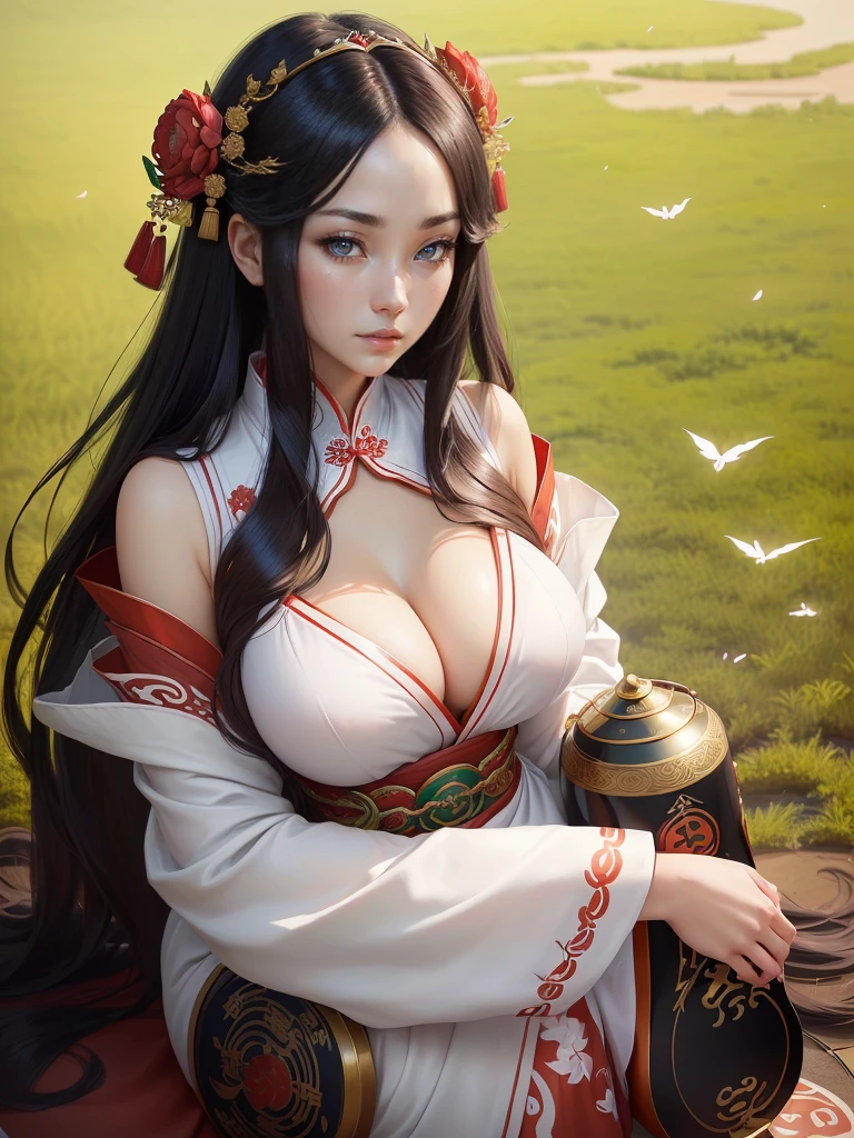 A woman in a white dress holding red and green syamisen, Beautiful character drawings, Japanese Goddess, Beautiful and attractive anime woman, Gweiz-style artwork, Beautiful Anime Woman, Beautiful Fantasy Empress, Inspired by Wu Zuoren, Inspired by Sukenori Nishikawa, Inspired by Du Qiong, Ancient Chinese Beauties, Highly detailed CG unit 8k wallpaper, masterpiece, High resolution, highest quality, highest quality real texture skin, Super Real, Digital Painting, Best image quality, 最High resolution, 8k, ((Highly detailed eyes and face, Beautiful eyes every detail)), Cleavage, erect nipple,