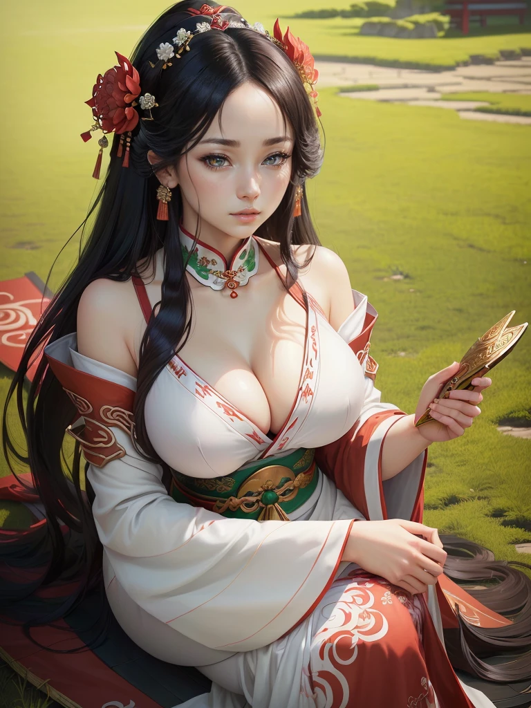 A woman in a white dress holding red and green syamisen, Beautiful character drawings, Japanese Goddess, Beautiful and attractive anime woman, Gweiz-style artwork, Beautiful Anime Woman, Beautiful Fantasy Empress, Inspired by Wu Zuoren, Inspired by Sukenori Nishikawa, Inspired by Du Qiong, Ancient Chinese Beauties,  Highly detailed CG unit 8k wallpaper, masterpiece, High resolution, highest quality, highest quality real texture skin, Super Real, Digital Painting, Best image quality, 最High resolution, 8k, ((Highly detailed eyes and face, Beautiful eyes every detail)), Cleavage, erect nipple, 