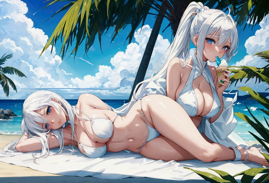 A beautiful anime girl with white hair, wearing a hot white bikini and a revealing thong, laying on a beach and eating an ice cream on a sunny summer day, photographed from a low camera angle focusing on her thighs, surrounded by a stunning landscape.