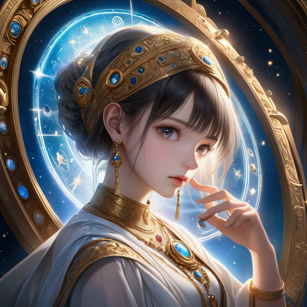 a beautiful astrologist gazing into the depths of her destiny, detailed portrait with astrology symbols, numerology and mystical elements, ornate golden frame, dramatic lighting, intricate details, photorealistic, cinematic, highly detailed, 8k, masterpiece, (best quality, 4k, 8k, highres, masterpiece:1.2), ultra-detailed, (realistic, photorealistic, photo-realistic:1.37), dramatic lighting, cinematic, atmospheric, mystical, occult, esoteric, intricate, ornate, gilded, shimmering, ethereal, luminous