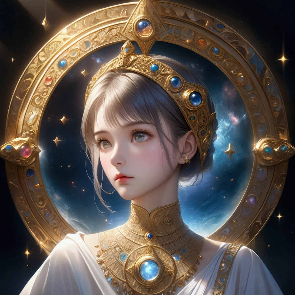 a beautiful astrologist gazing into the depths of her destiny, detailed portrait with astrology symbols, numerology and mystical elements, ornate golden frame, dramatic lighting, intricate details, photorealistic, cinematic, highly detailed, 8k, masterpiece, (best quality, 4k, 8k, highres, masterpiece:1.2), ultra-detailed, (realistic, photorealistic, photo-realistic:1.37), dramatic lighting, cinematic, atmospheric, mystical, occult, esoteric, intricate, ornate, gilded, shimmering, ethereal, luminous