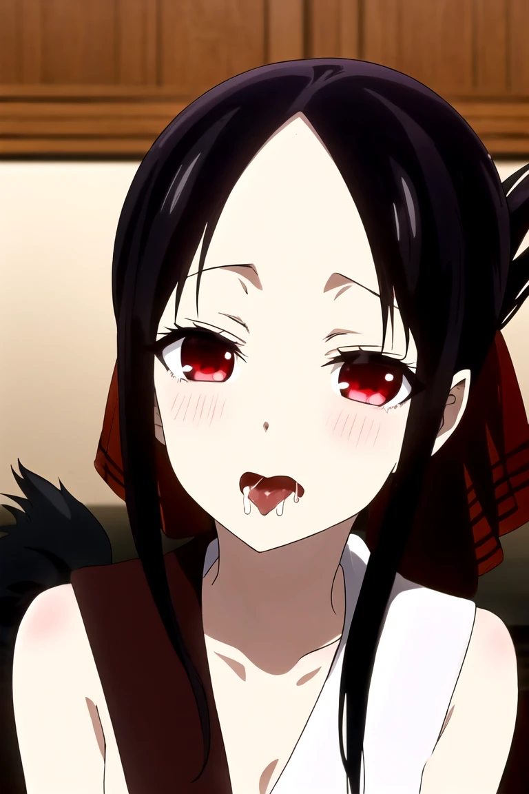 Shinomiya Kaguya, Shinomiyakaguya, Red eyes, small breasts, list brook, black fur, naked, saliva, after the kiss, trace of saliva, saliva thread, blush 