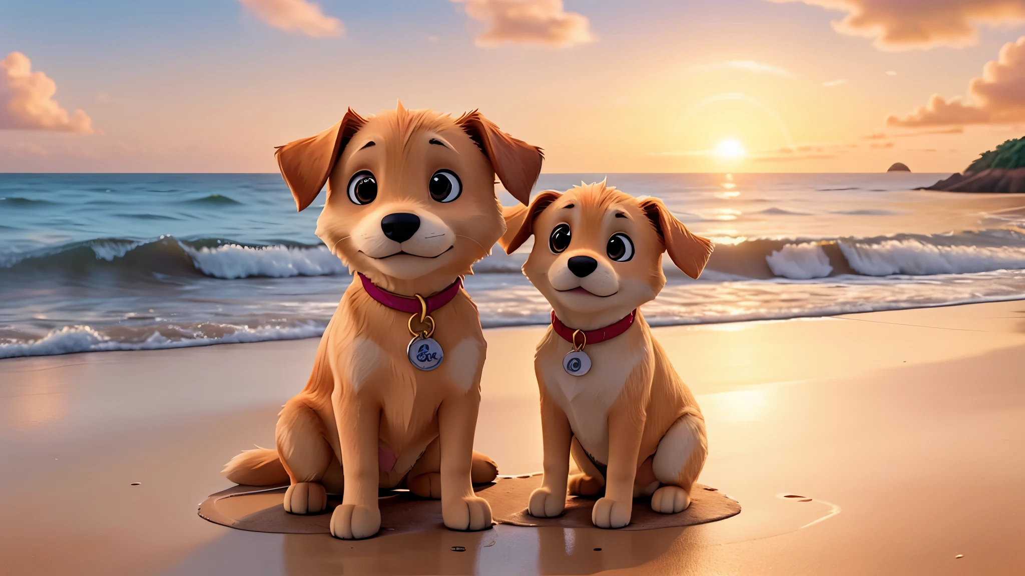 Imagine a peaceful and picturesque setting: A medium-sized dog, with golden fur shining under the soft tones of the sunset, runs freely along the beachfront. Their paws leave footprints in the damp sand, while small waves reflect the last rays of the sun dancing gently. Ao fundo, the sky mixes shades of orange and pink, painting scattered clouds with golden nuances. The sea breeze gently lifts the dog's hair and adds a sense of movement to the serene scene.. This moment captures the harmony between the animal's freedom and the natural beauty of the sunset on the coast.