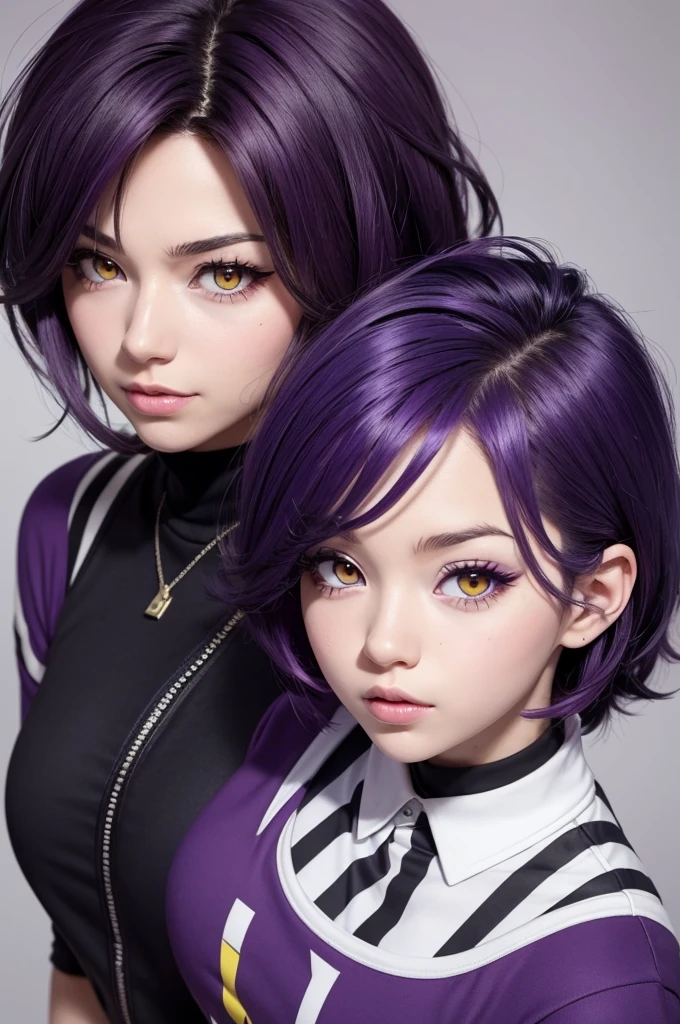 Create a beautiful My Hero Academia character with dark purple hair and yellow eyes baby.