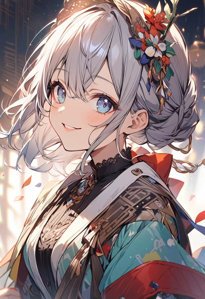 high resolution、One girl,Upper Body,Beautiful clothes,smile,I'm laughing so hard my eyes are closing,A big smile,Black Hair,long,Shiny Hair, Surrounded by flowers,Flower side