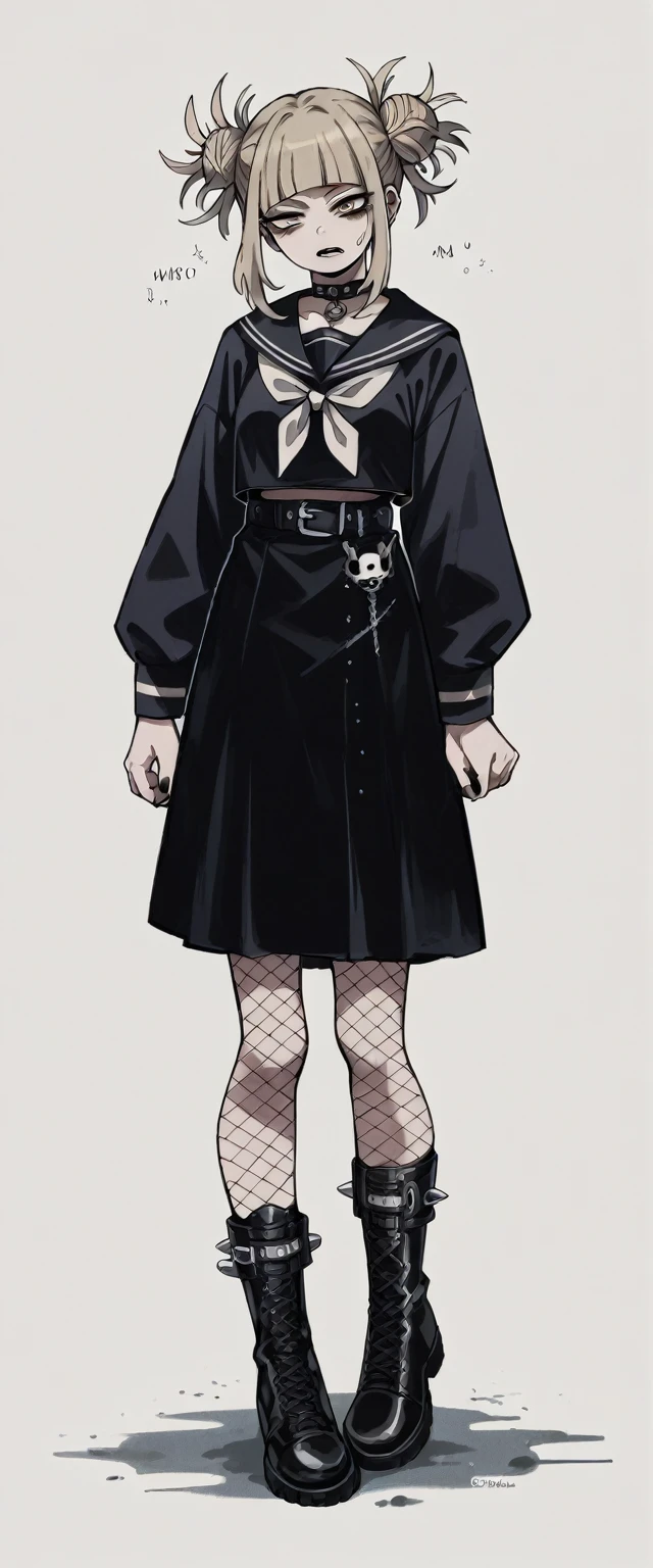 Himiko Toga gothic outfit, black fishnet stockings, black skirt and black boots (whole body) (top negro) (ultra detallado) (ojos amarillos)
