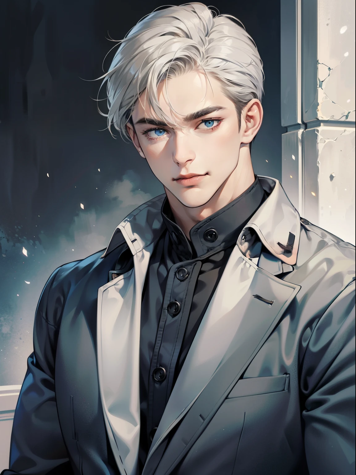 masterpiece, best quality, realistic, 1man, mature male, quiet and charming young man, 41 year old, serious look, closed mouth, portrait, extremely detailed face, cold smile, ((dark grey blue eyes)), ((short-right-swept dark white hair)), [thick eyebrows], ((suit)), handsome, full body, western, Jewish, light brown skin,
