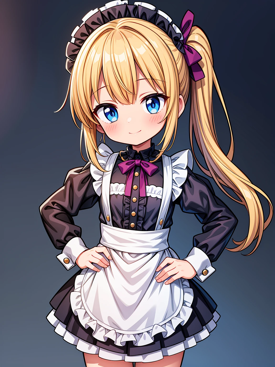 (Highest image quality), (highest quality), (masterpiece), (dynamic lighting), (photo realism), maid uniform, detailed face, ((loli)), ((girl)), (little curve), short blonde hair, one side ponytail hairstyle, blue eyes, ((very small bust)), (apron), smile, winking, kitchen background, ((very blushing)), ((detailed hands and fingers)), hands on the hips, viewer perspective from below, (blush), more detailed, EasyNegativeV2