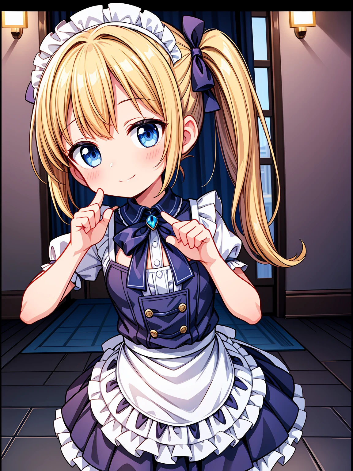 (Highest image quality), (highest quality), (masterpiece), (dynamic lighting), (photo realism), maid uniform, detailed face, ((loli)), ((girl)), (little curve), short blonde hair, one side ponytail hairstyle, blue eyes, ((very small bust)), (apron), smile, winking, kitchen background, ((very blushing)), ((detailed hands and fingers)), hands on the hips, viewer perspective from below, (blush), more detailed, EasyNegativeV2