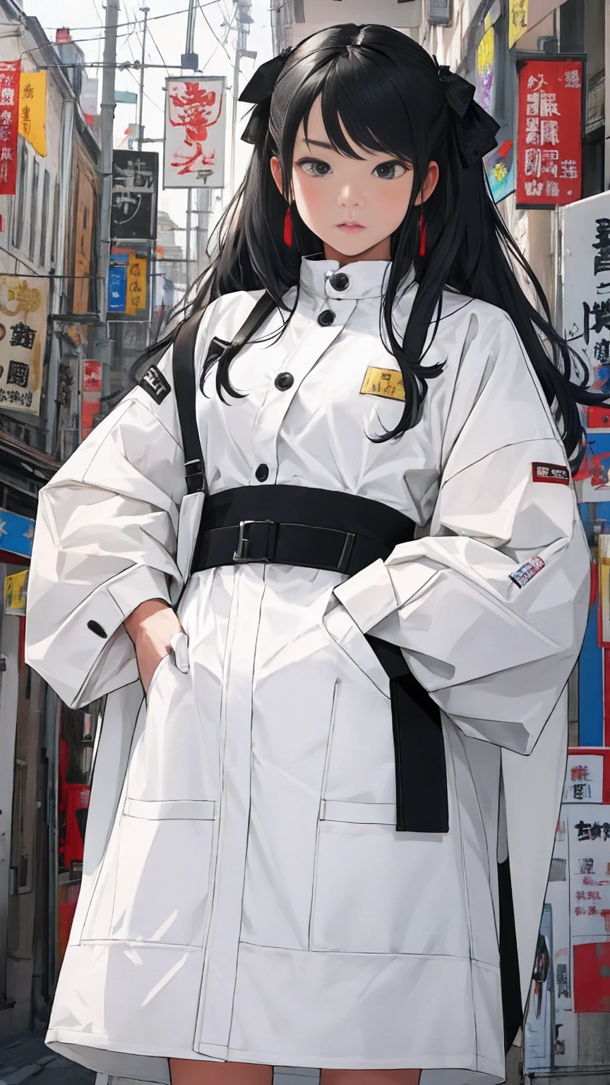 (Super detailed、Real、Highest quality:1.2)、In today's cybercrime arena、Samurai's Hand、Jacket、ボンバーJacketを身に着けた、1 boy with long, spiky hair。The boy holds a sword in his hand、Standing against a blank background、One Boy、solo、Male Focus、Half white and half black hair、Two-tone hair