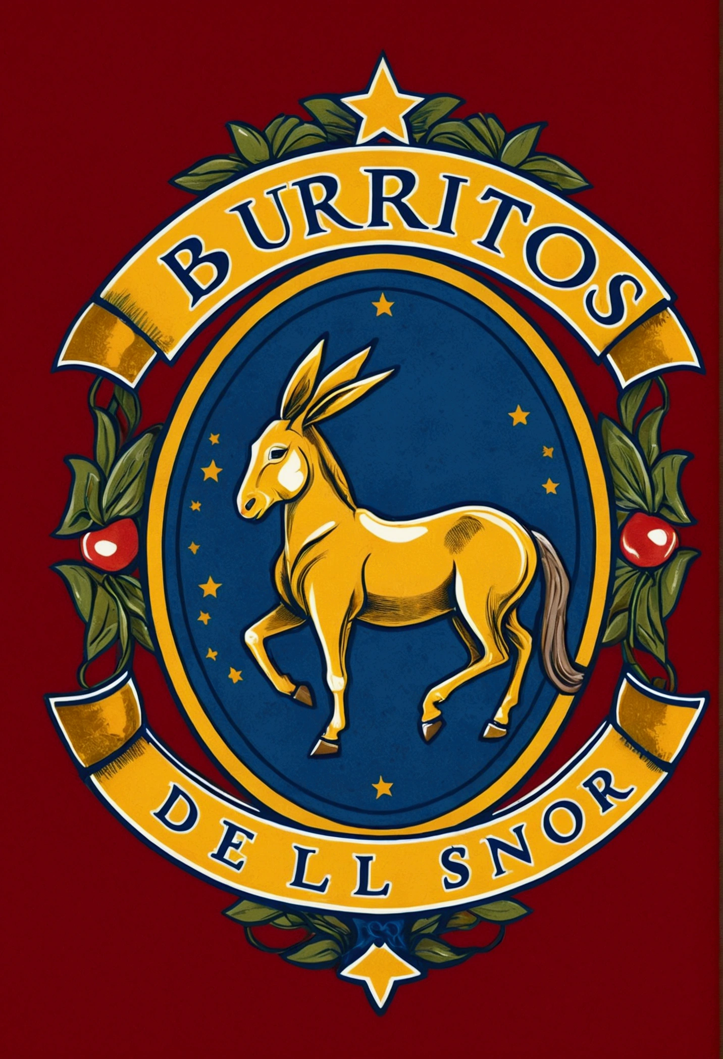 Design a strong and noble football team crest for 'Burritos del Señor.' The centerpiece of the crest should be a powerful and noble donkey, depicted with muscular build and a proud stance. Incorporate elements that symbolize strength and honor, such as a shield, laurel wreaths, or stars. Use a color scheme that conveys both power and dignity, such as deep blues, rich reds, or gold accents. The team name 'Burritos del Señor' should be prominently displayed in a bold, classic font.
