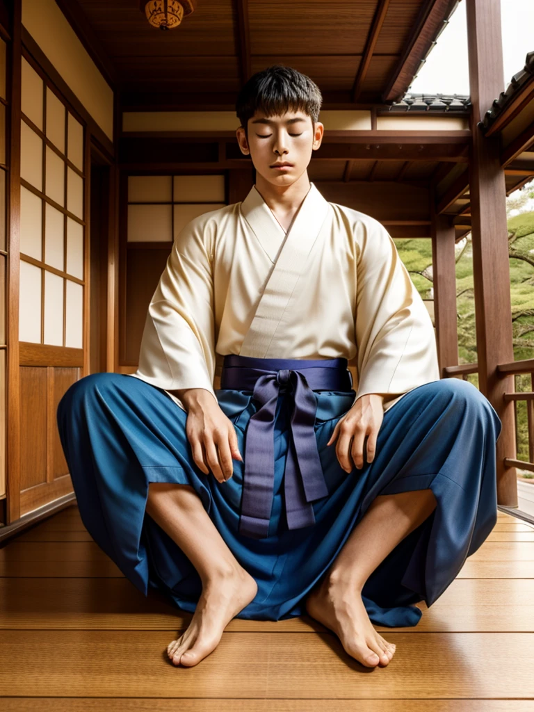 Highest Resolution,Highest quality,A beautiful young boy in hakama sitting in meditation with his eyes closed,Wooden floor,Japanese-style house,Veranda,whole body,front,Beautiful face,