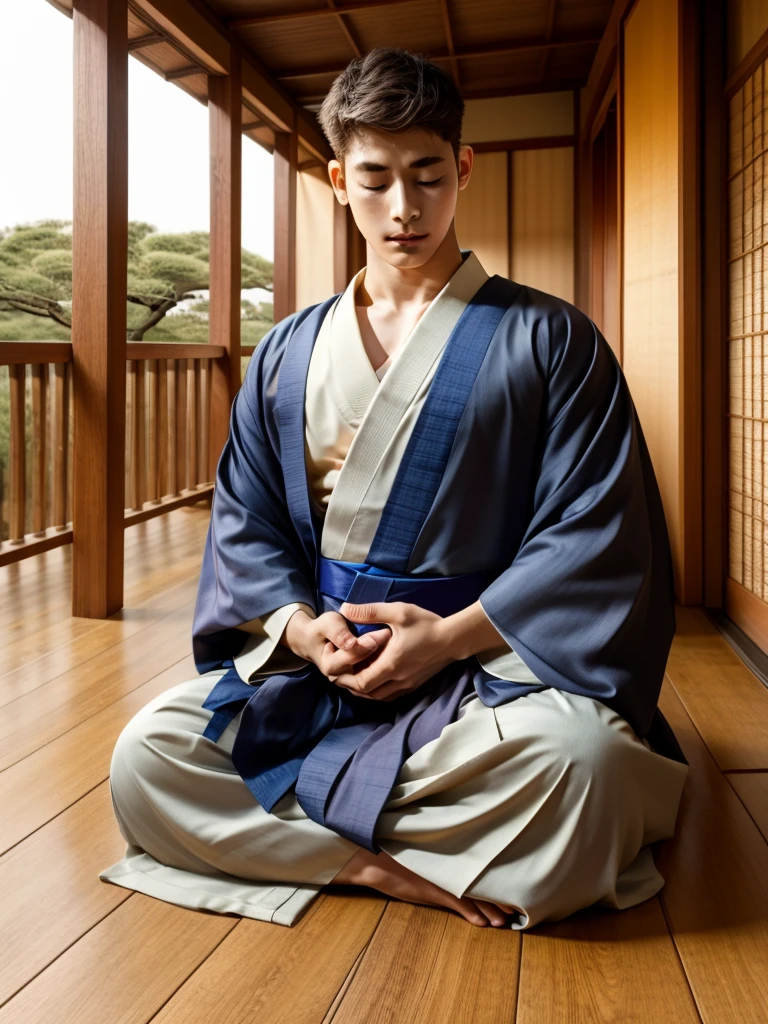 Highest Resolution,Highest quality,A beautiful young boy in hakama sitting in meditation with his eyes closed,Wooden floor,Japanese-style house,Veranda,whole body,front,Beautiful face,