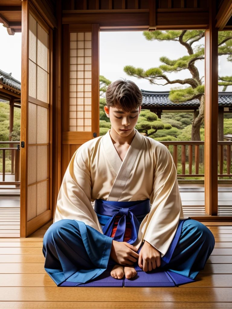 Highest Resolution,Highest quality,A beautiful young boy in hakama sitting in meditation with his eyes closed,Wooden floor,Japanese-style house,Veranda,whole body,front,Beautiful face,