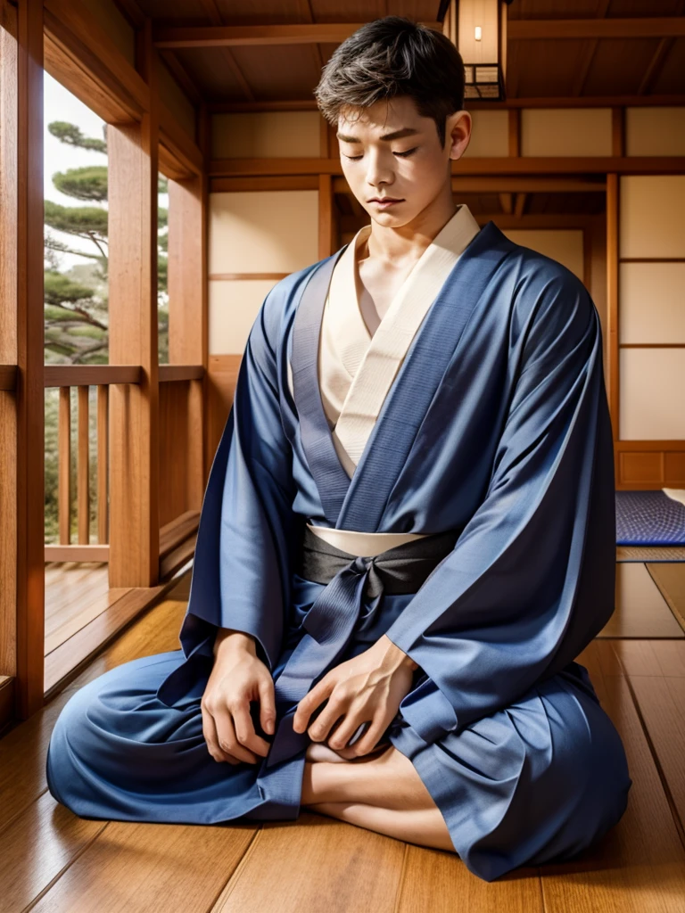 Highest Resolution,Highest quality,A beautiful young boy in hakama sitting in meditation with his eyes closed,Wooden floor,Japanese-style house,Veranda,whole body,front,Beautiful face,