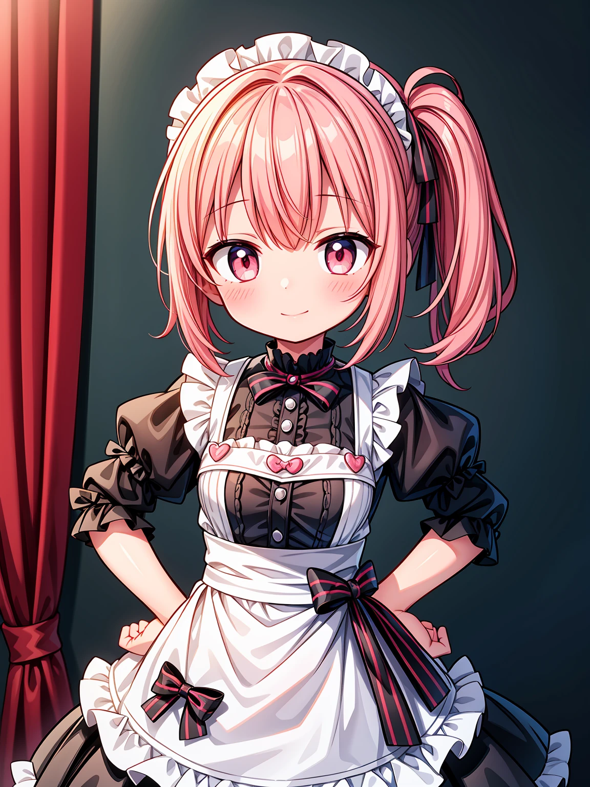 (Highest image quality), (highest quality), (masterpiece), (dynamic lighting), (photo realism), maid uniform, detailed face, ((loli)), ((girl)), (little curve), short pink hair, one side ponytail hairstyle, red eyes, ((very small bust)), (apron), smile, winking, kitchen background, ((very blushing)), ((detailed hands and fingers)), hands on the hips, viewer perspective from below, (blush), more detailed, EasyNegativeV2