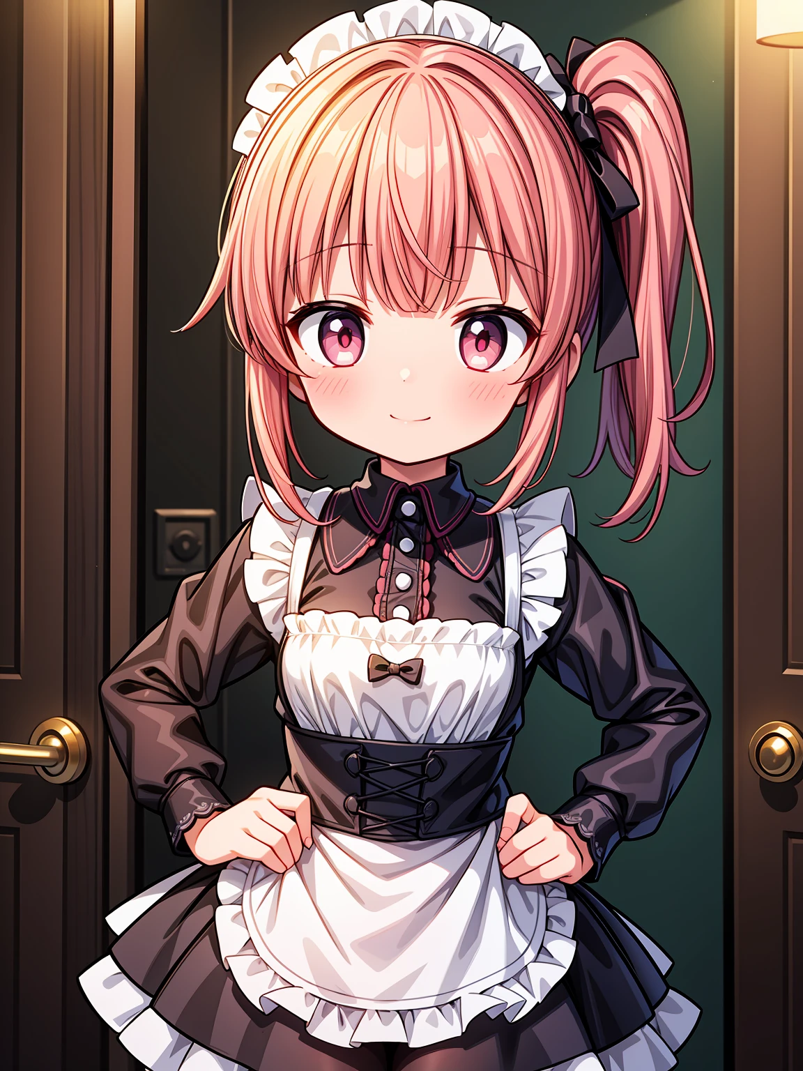(Highest image quality), (highest quality), (masterpiece), (dynamic lighting), (photo realism), maid uniform, detailed face, ((loli)), ((girl)), (little curve), short pink hair, one side ponytail hairstyle, red eyes, ((very small bust)), (apron), smile, winking, kitchen background, ((very blushing)), ((detailed hands and fingers)), hands on the hips, viewer perspective from below, (blush), more detailed, EasyNegativeV2