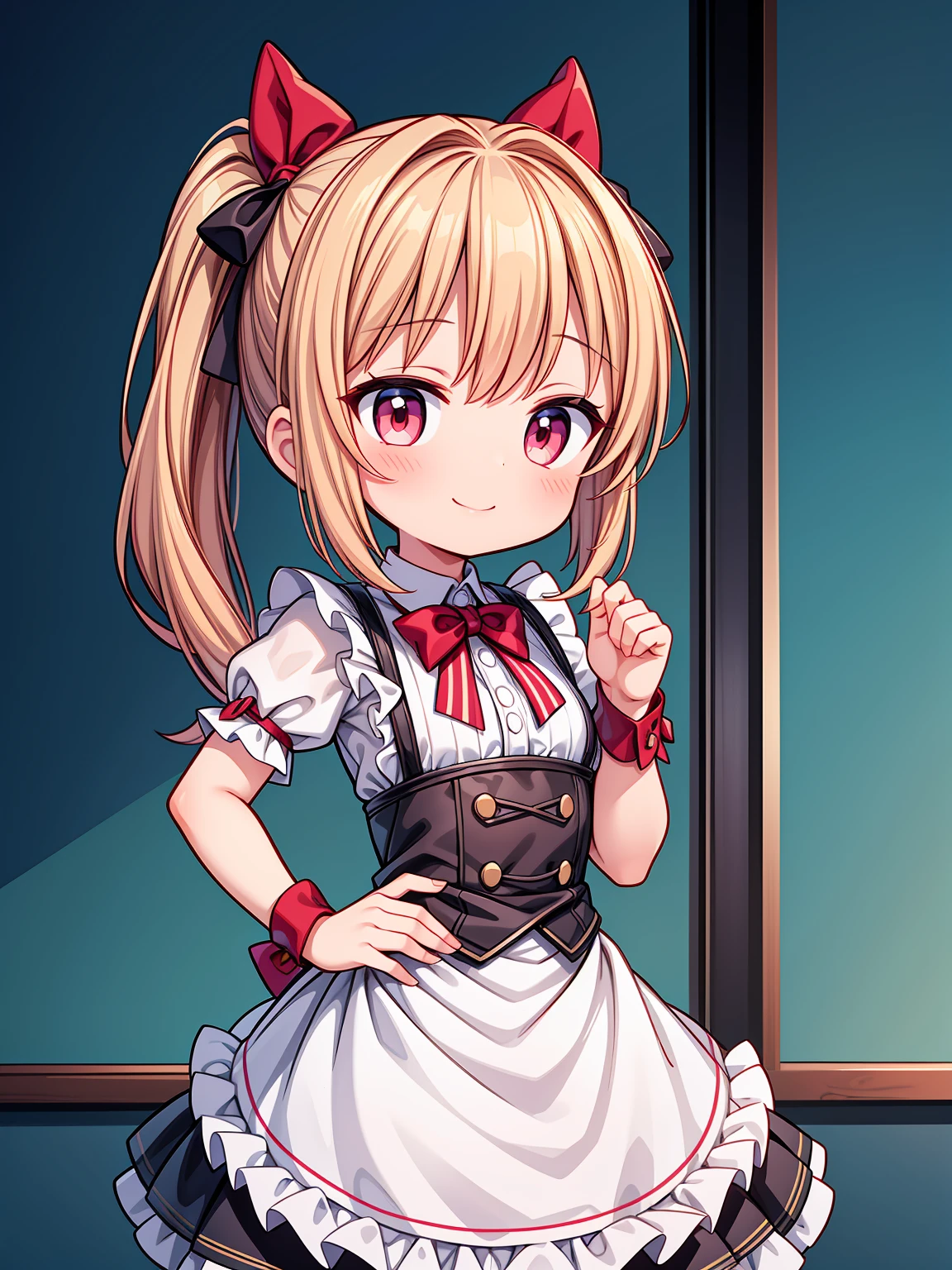 (Highest image quality), (highest quality), (masterpiece), (dynamic lighting), (photo realism), maid uniform, detailed face, ((li)), ((girl)), (little curve), short pink hair, one side ponytail hairstyle, red eyes, ((very small bust)), (apron), smile, winking, kitchen background, ((very blushing)), ((detailed hands and fingers)), hands on the hips, viewer perspective from below, (blush), more detailed, EasyNegativeV2