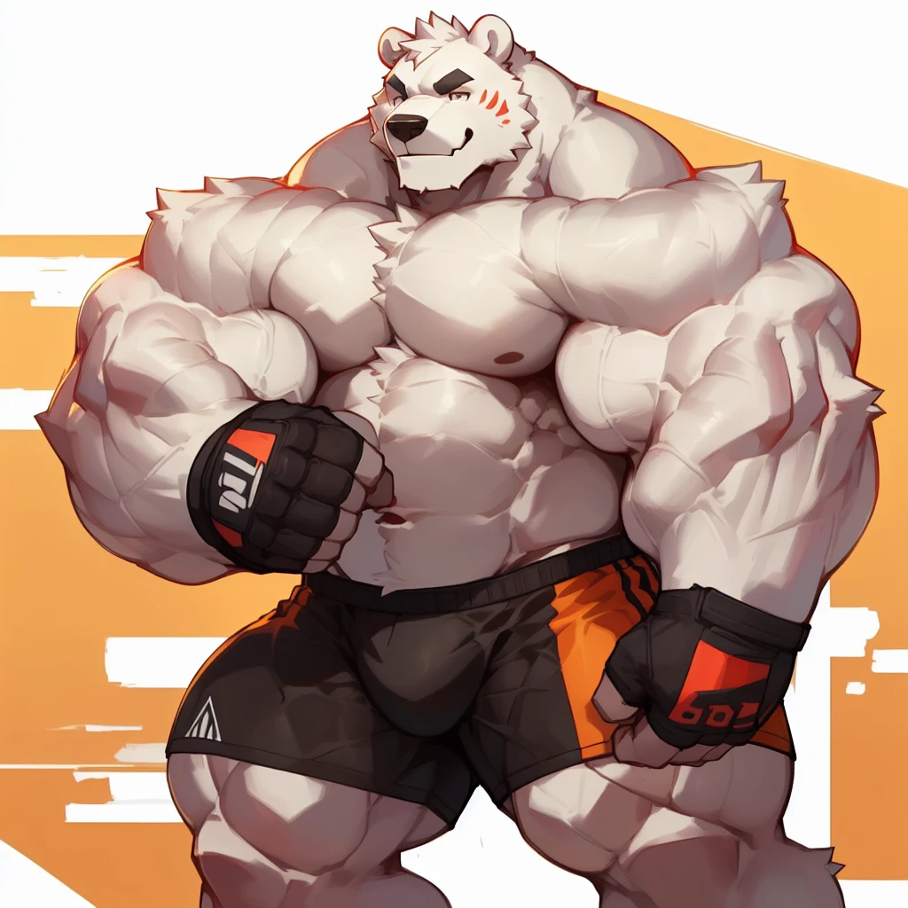 a polar bear with a huge thick muscle, furry ((white white polar bear)) wearing MMA boxer shorts and MMA fingerless gloves, Gym ring, ((huge muscular:1.2, wide pectoral, thick arms, sixpack)), smile, thicc, lowres, giant and muscular, danbooru and artstation, heavy detailed, insanely inflated hips, proportionally arms, commission for high res, detailed but rough