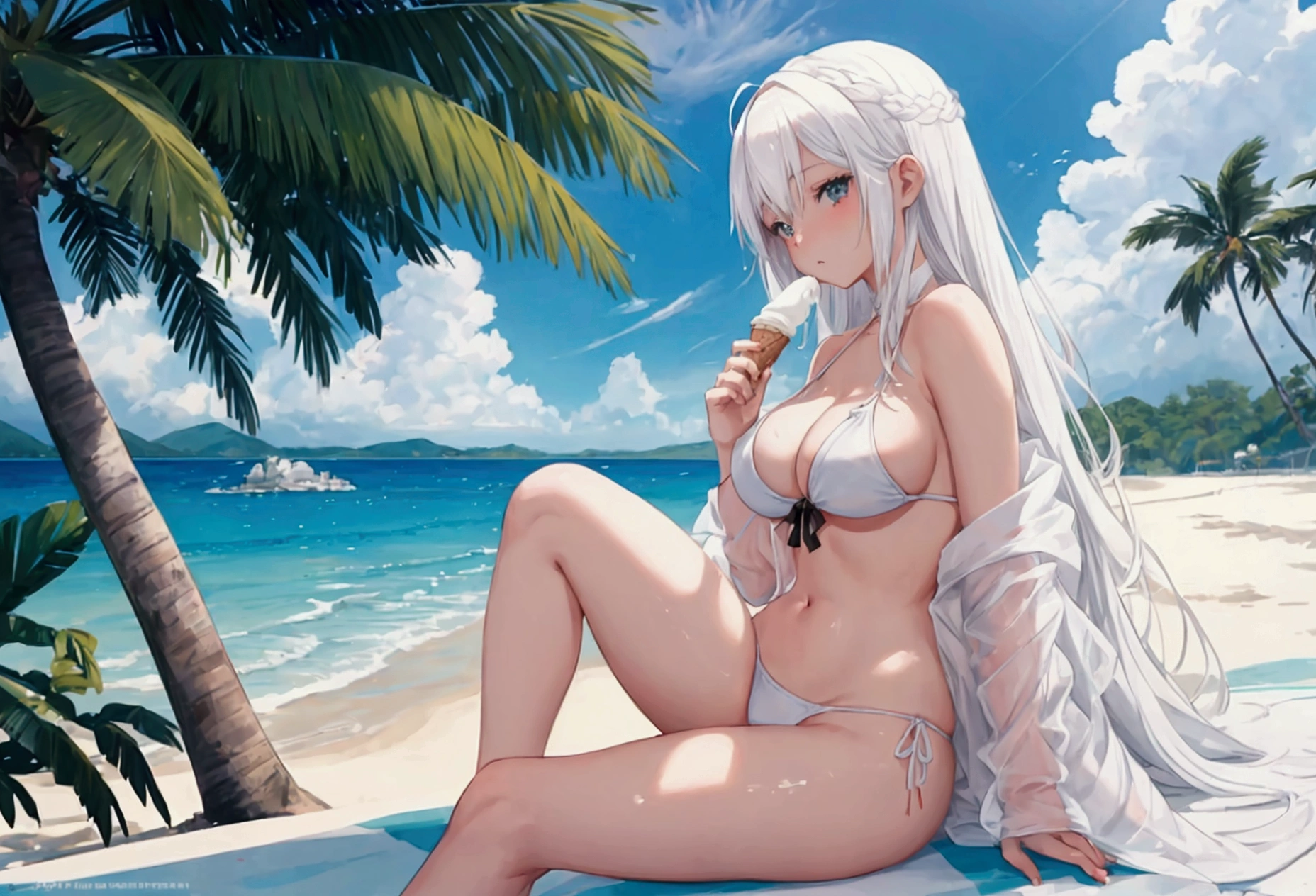 Anime girl with white hair, wearing a sexy black mini bikini, laying down on a beach and eating an ice cream on a sunny summer day, photographed from a low camera angle focusing on her thigh, surrounded by a stunning landscape, vibrant color